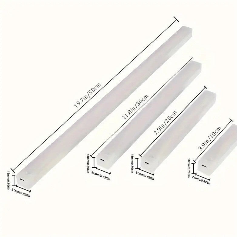 Set of white rectangular bars with measurements indicated on a white background